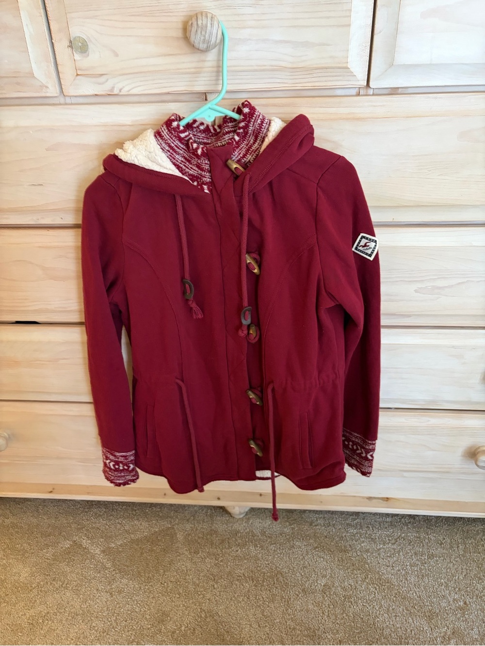 Hollister Women's Vintage Maroon Hooded Toggle Teddy Coat